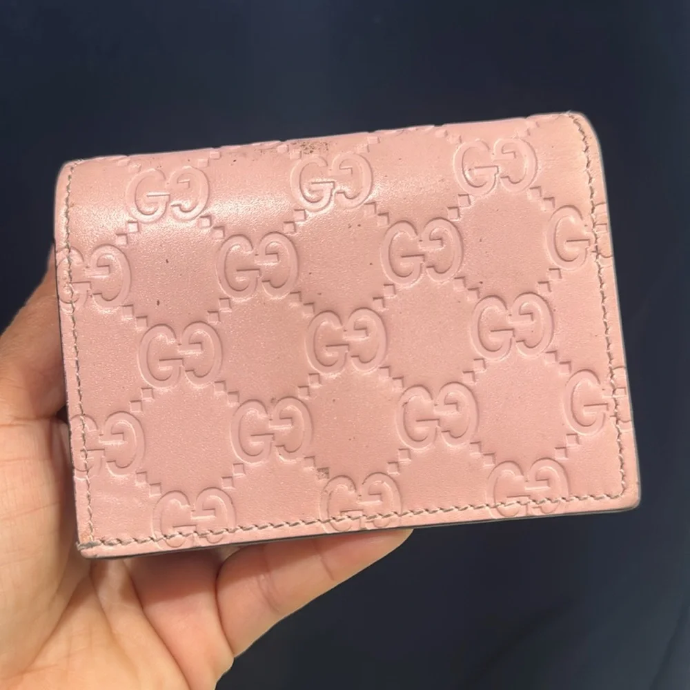 💖GUCCI Guccissima Signature Crystal Cat Card Case Wallet Light Candy Pink